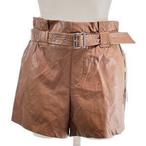 IRIS Women's Shorts Brown Faux Leather Belted High Waist Size M